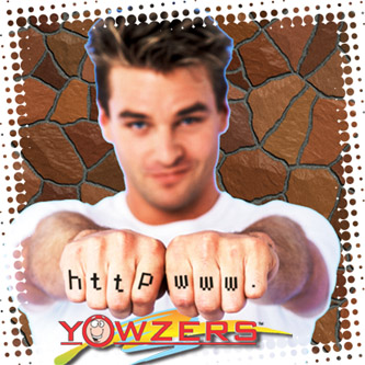Man with http www. tattooed on his knuckles and the logo for YOWZERS below them.